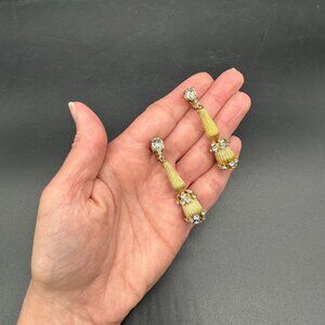 Vintage Clip On Earrings Rhinestone Dangle Drop Gold Toned Teardrop Glamorous